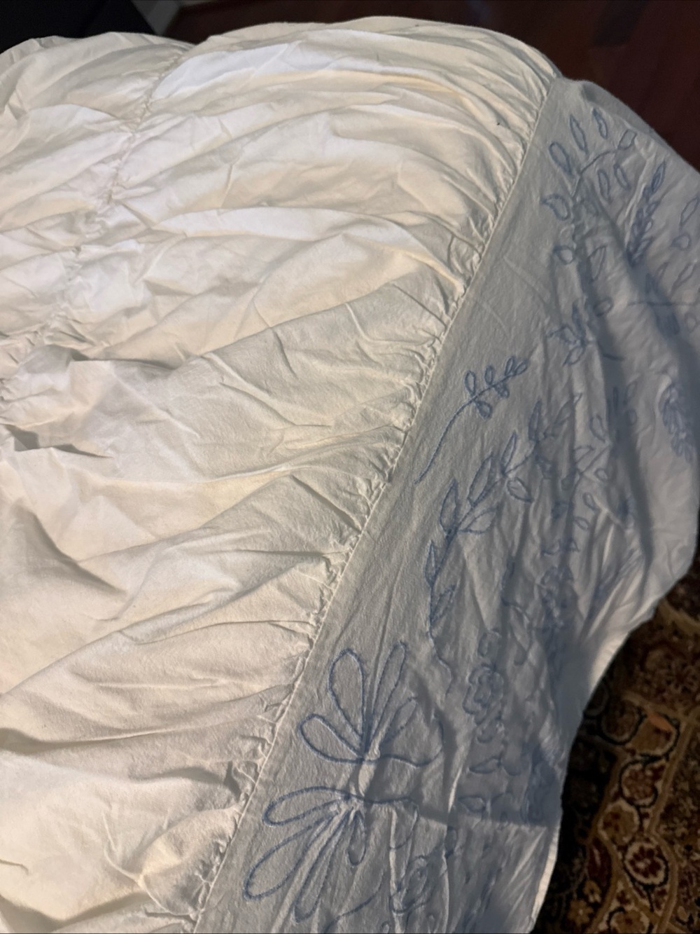 Urban Outfitters Duvet Twin White W Blue Embroidery Cotton Rousching Boho - Picture 2 of 7